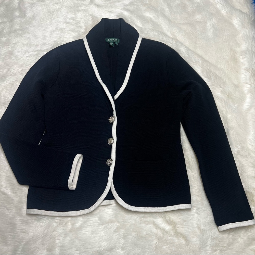 Lauren Ralph Lauren Navy Blazer Cardigan with White Trim
